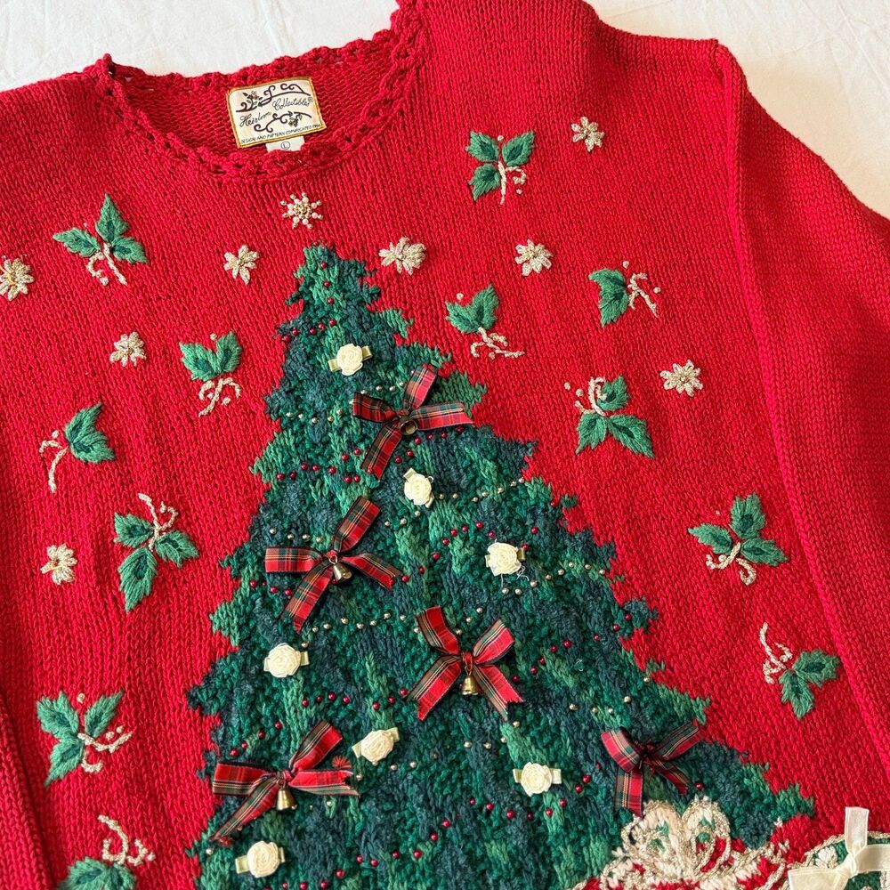 Vintage 90s Heirloom Collectibles Christmas Tree Sweater Women L Red Ramie Knit